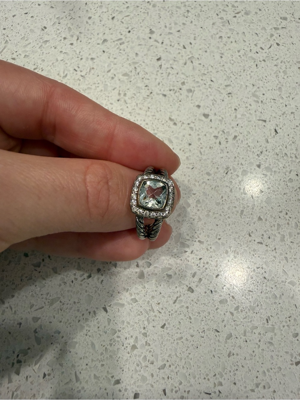 Sterling Silver Ring with Clear Cushion Crystal and Halo